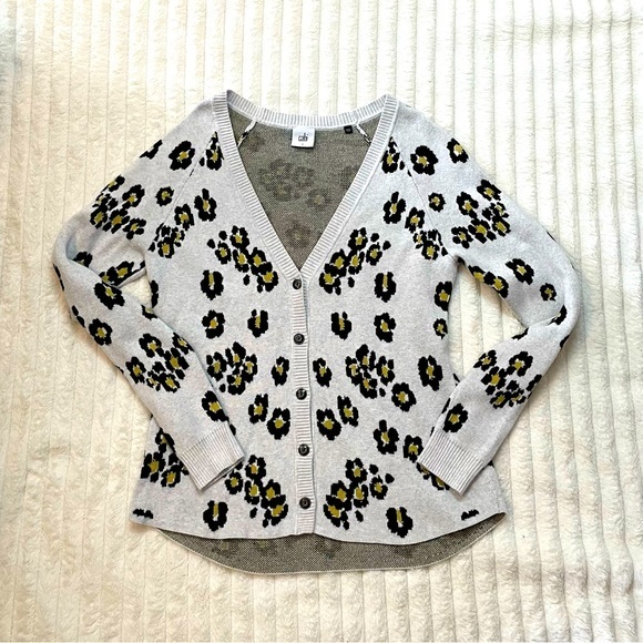 CAbi Sweaters - Cabi Leopard Print V-Neck Cardigan with Metal Buttons White Black Size Small